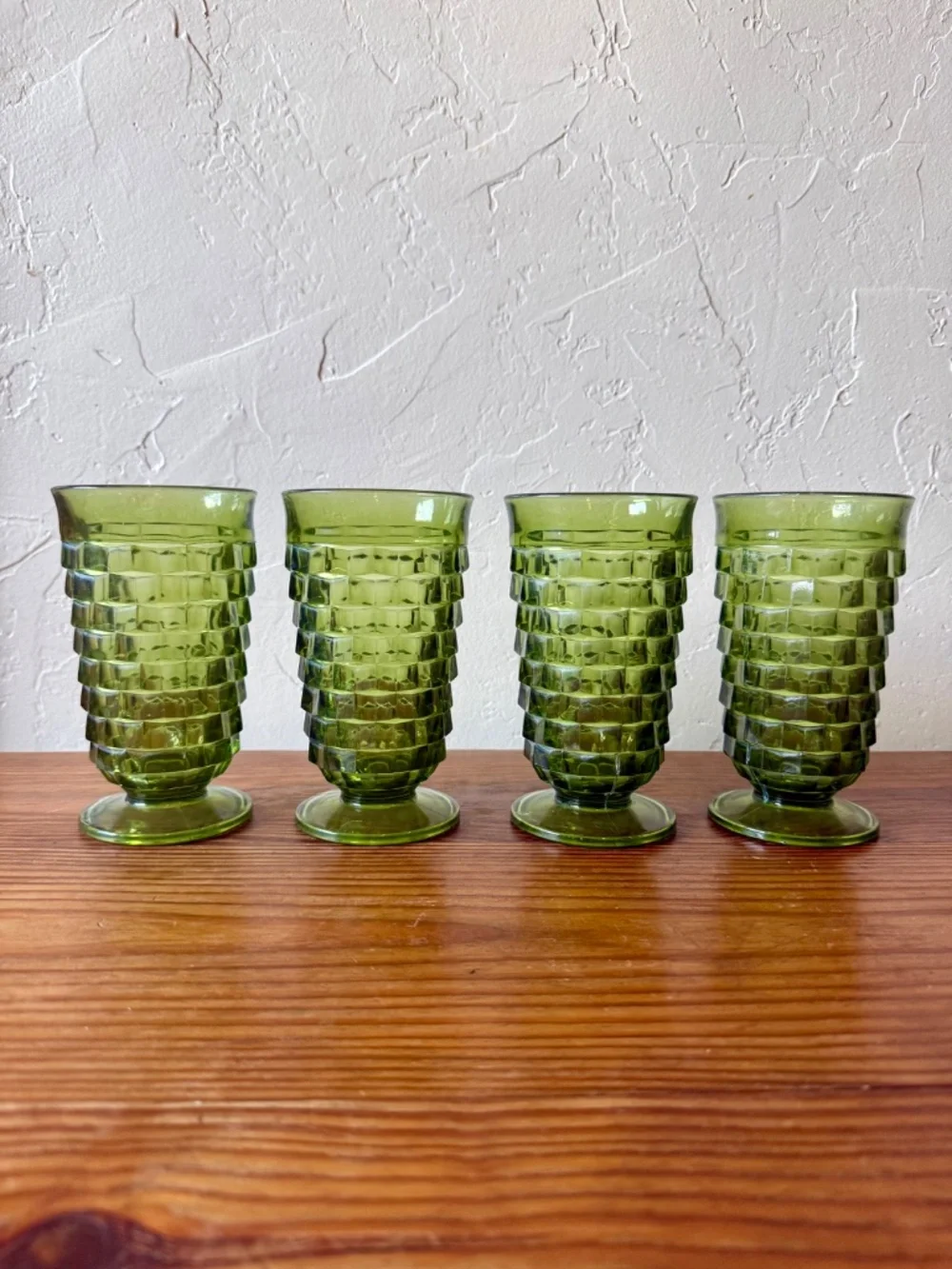 Indiana Glass Whitehall Cubist Olive Green Footed Tumblers Set of 4